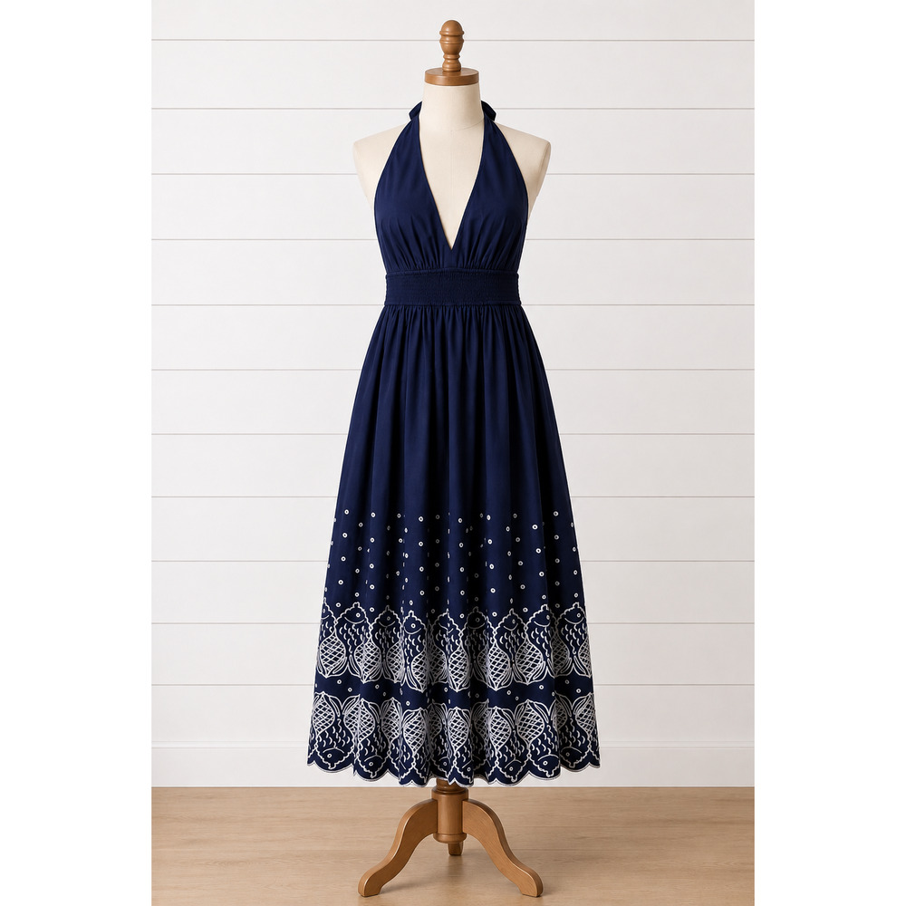 Vineyard Vines Sconset Eyelet Halter Maxi Fish Dress Navy Blue White Medium